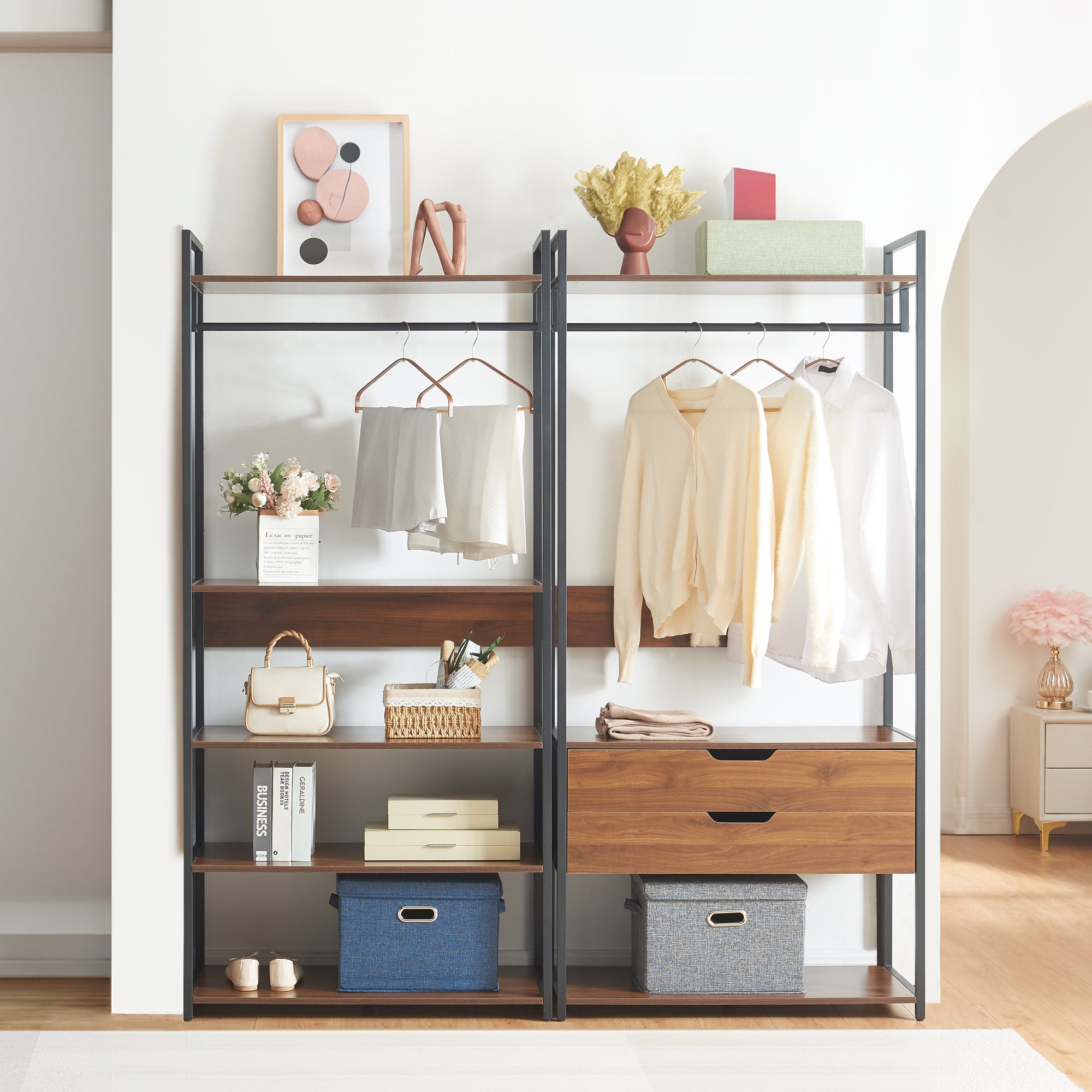 Set Larem 2 Mobili Organizzatori Guardaroba 168 cm Set B - Nero / Effetto Noce [en.casa]