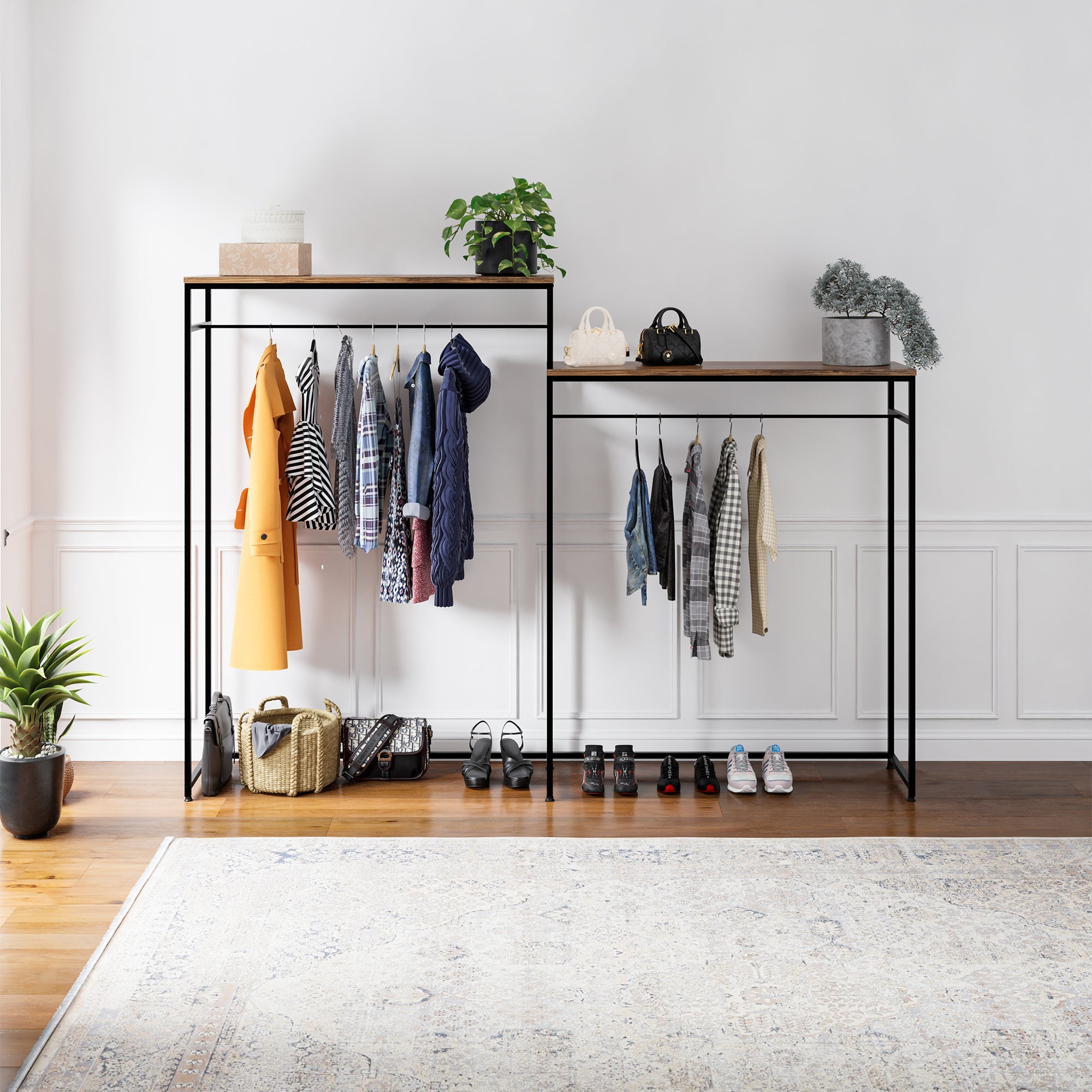 Organizzatore Guardaroba con 2 Vani Porta Abiti e Ripiani Skestbyena - Nero/Effetto Noce [en.casa]