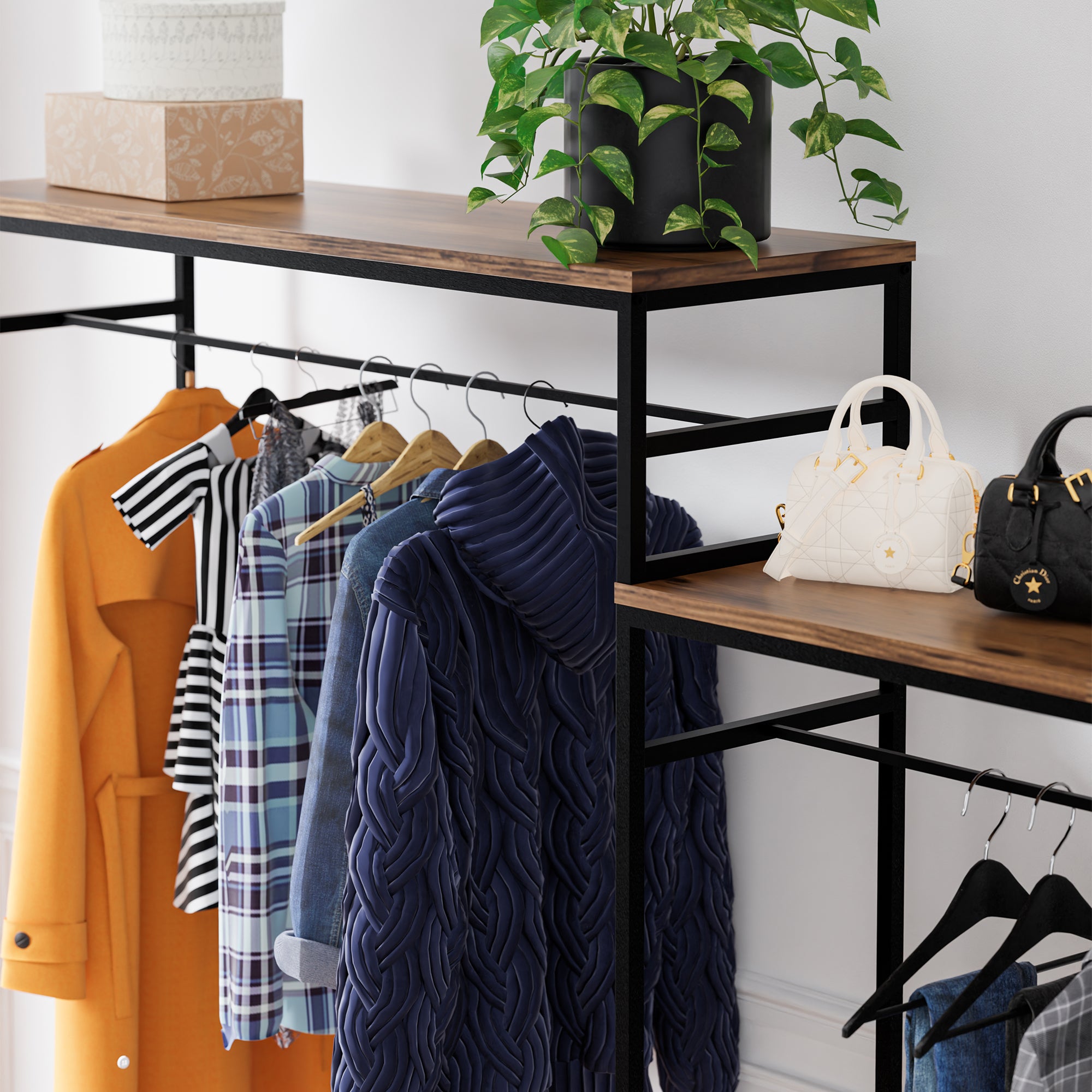 Organizzatore Guardaroba con 2 Vani Porta Abiti e Ripiani Skestbyena - Nero/Effetto Noce [en.casa]