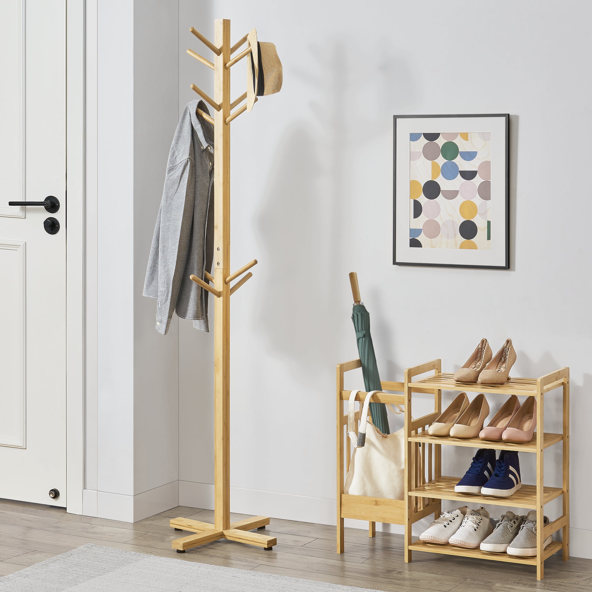 Stand Appendiabiti 'Jämsä' con 12 Bracci - Porta Abiti da Terra per Ingresso - Struttura in bambù [en.casa]