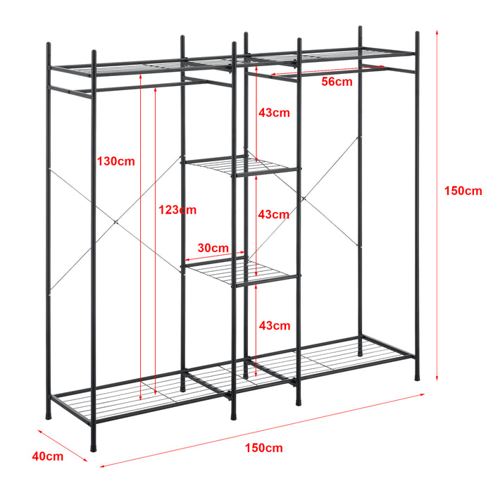Organizzatore Guardaroba, Scaffalatura con 2 Aste Appendiabiti e 4 Ripiani, Cabina Armadio Senza Ante (AxLaxP) 150 x 150