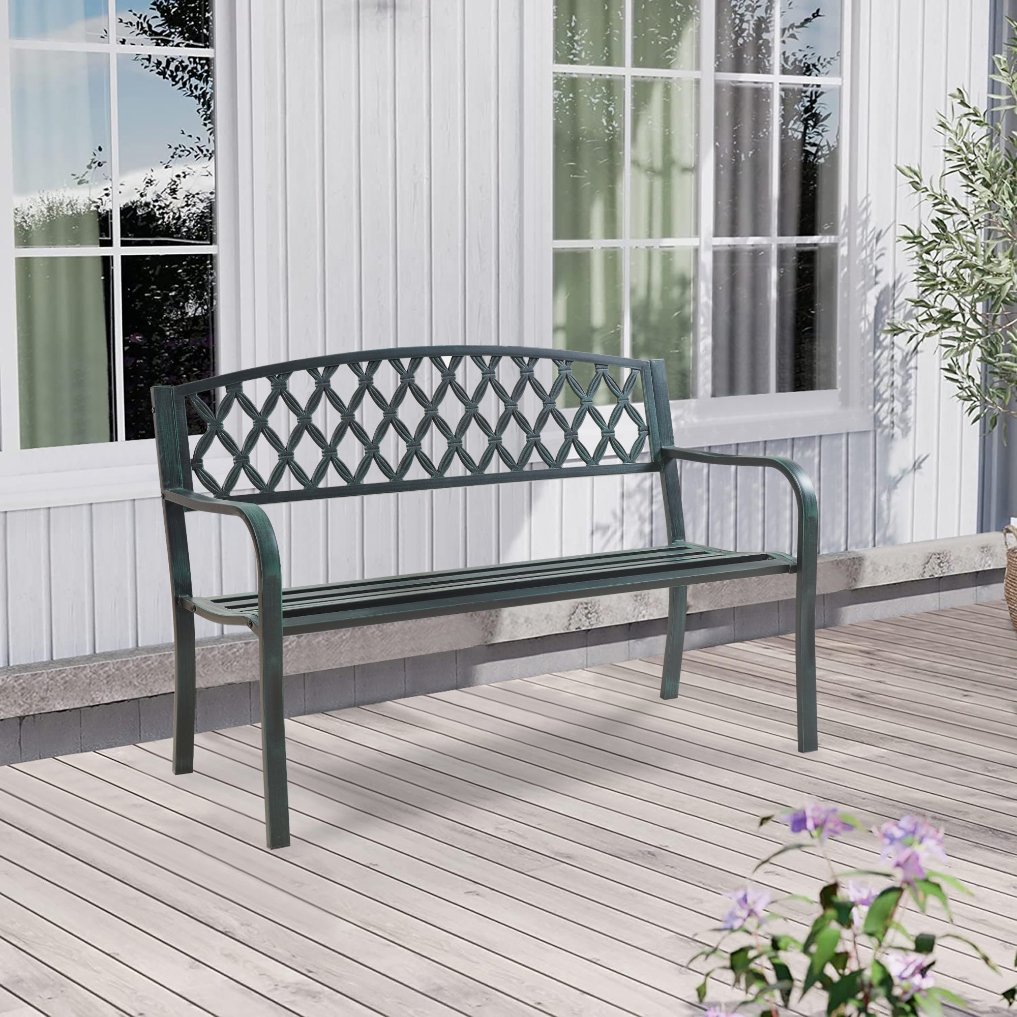 Panca da Giardino Opsasar in Acciaio con Schienale a Motivo Intrecciato 127x54x88 cm - Grigio Scuro con Patina Verde