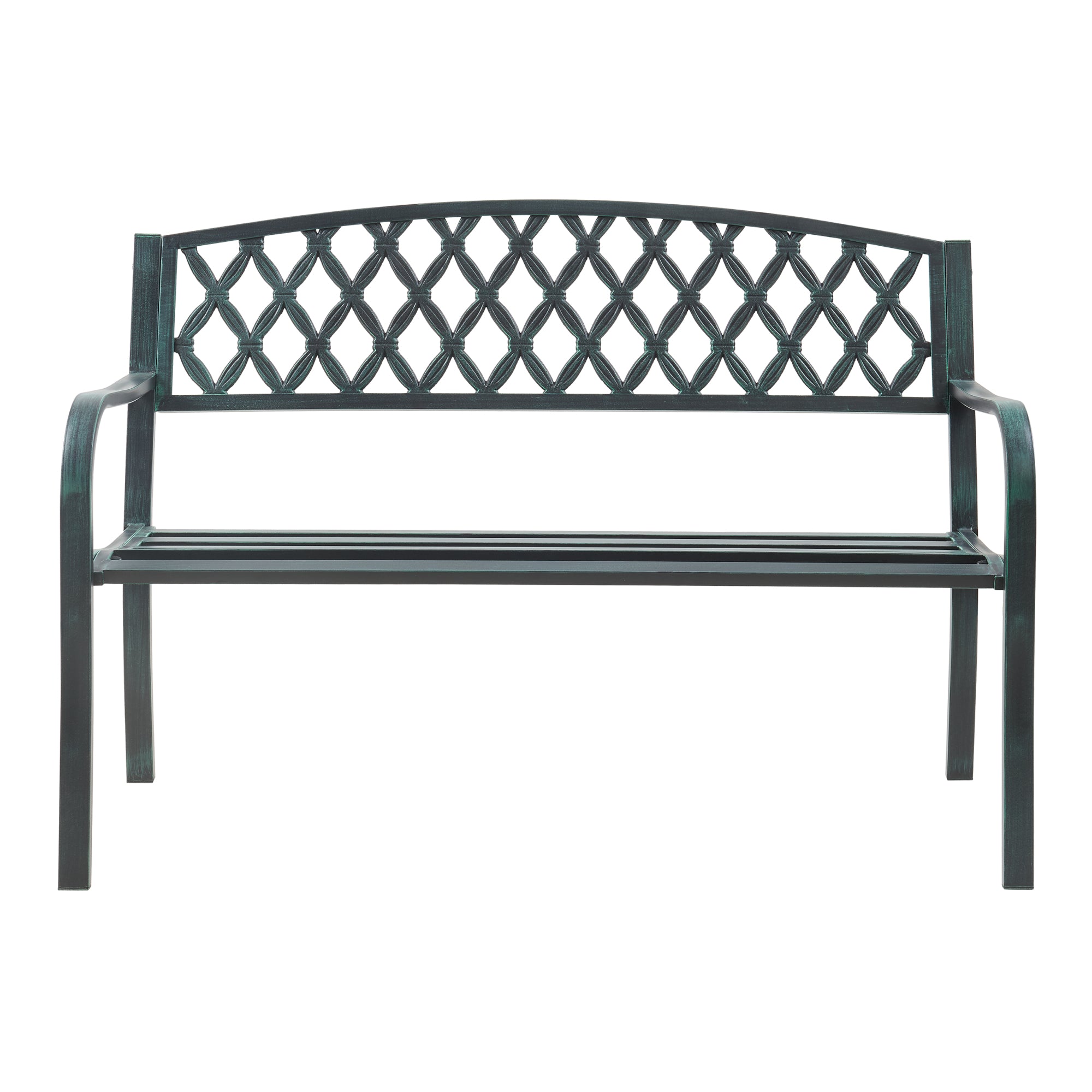 Panca da Giardino Opsasar in Acciaio con Schienale a Motivo Intrecciato 127x54x88 cm - Grigio Scuro con Patina Verde