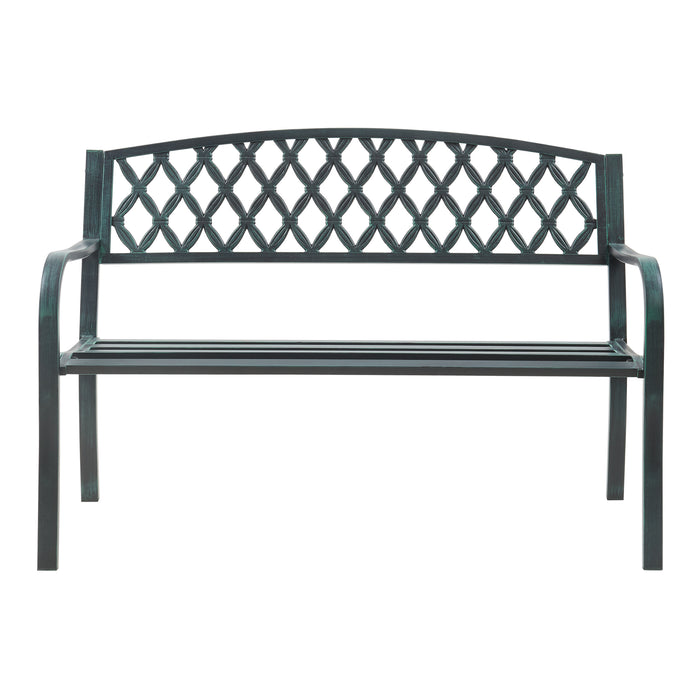 Panca da Giardino Opsasar in Acciaio con Schienale a Motivo Intrecciato 127x54x88 cm - Grigio Scuro con Patina Verde