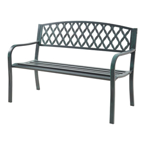 Panca da Giardino Opsasar in Acciaio con Schienale a Motivo Intrecciato 127x54x88 cm - Grigio Scuro con Patina Verde