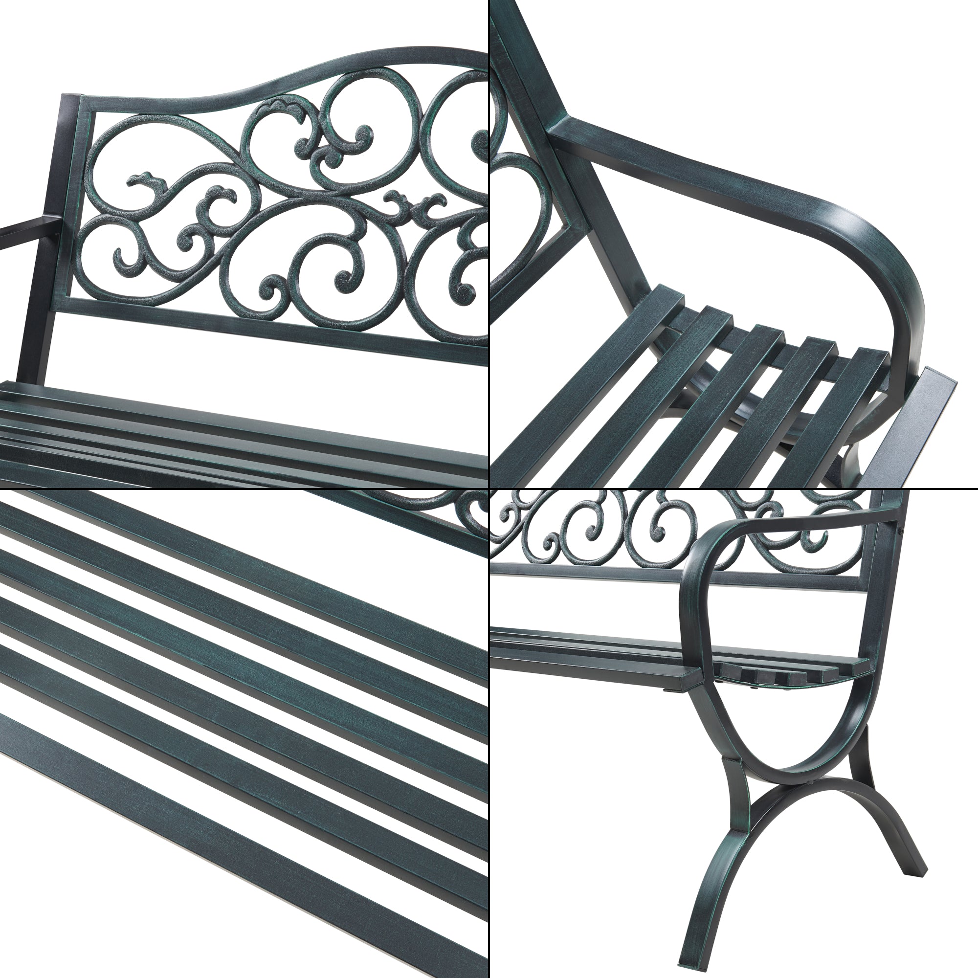 Panca da Giardino Utav con Schienale e Braccioli in Acciaio - Grigio Scuro con Patina Verde casa.pro