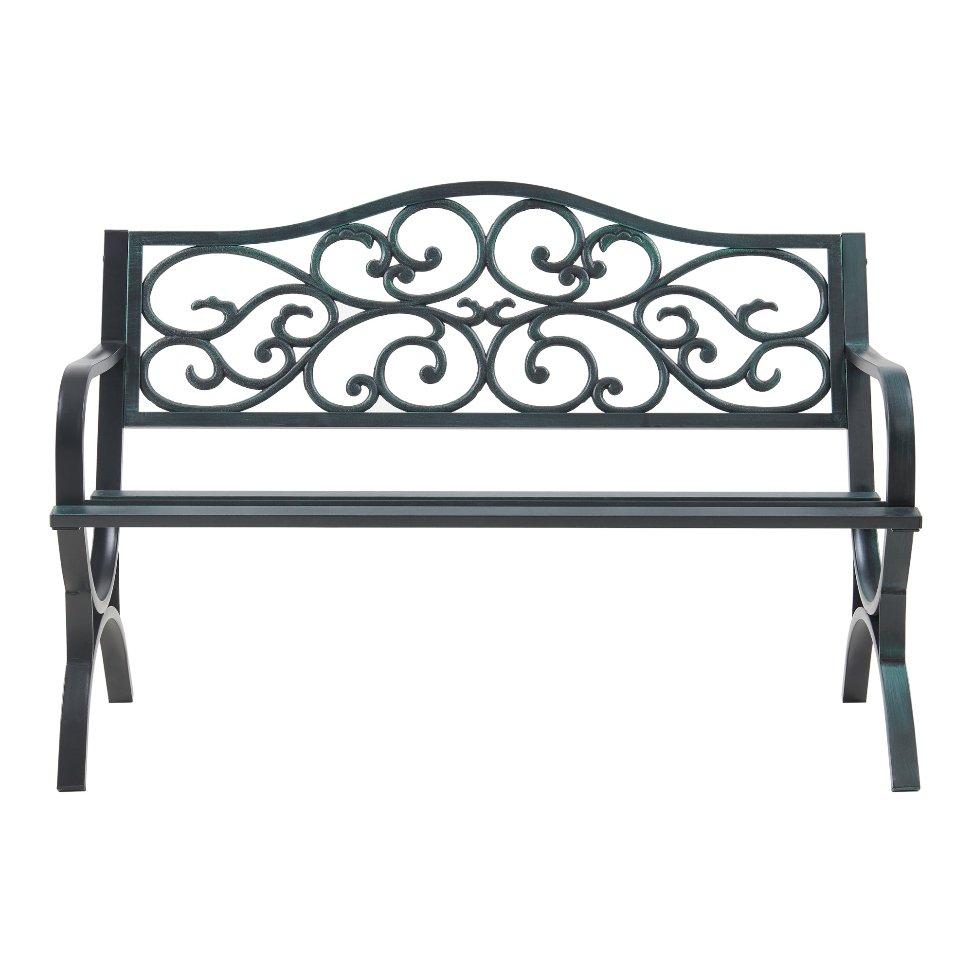 Panca da Giardino Utav con Schienale e Braccioli in Acciaio - Grigio Scuro con Patina Verde casa.pro