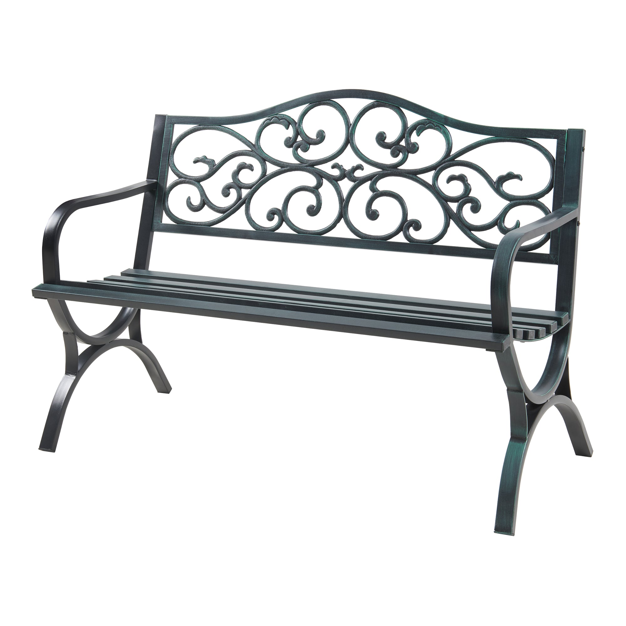 Panca da Giardino Utav con Schienale e Braccioli in Acciaio - Grigio Scuro con Patina Verde casa.pro