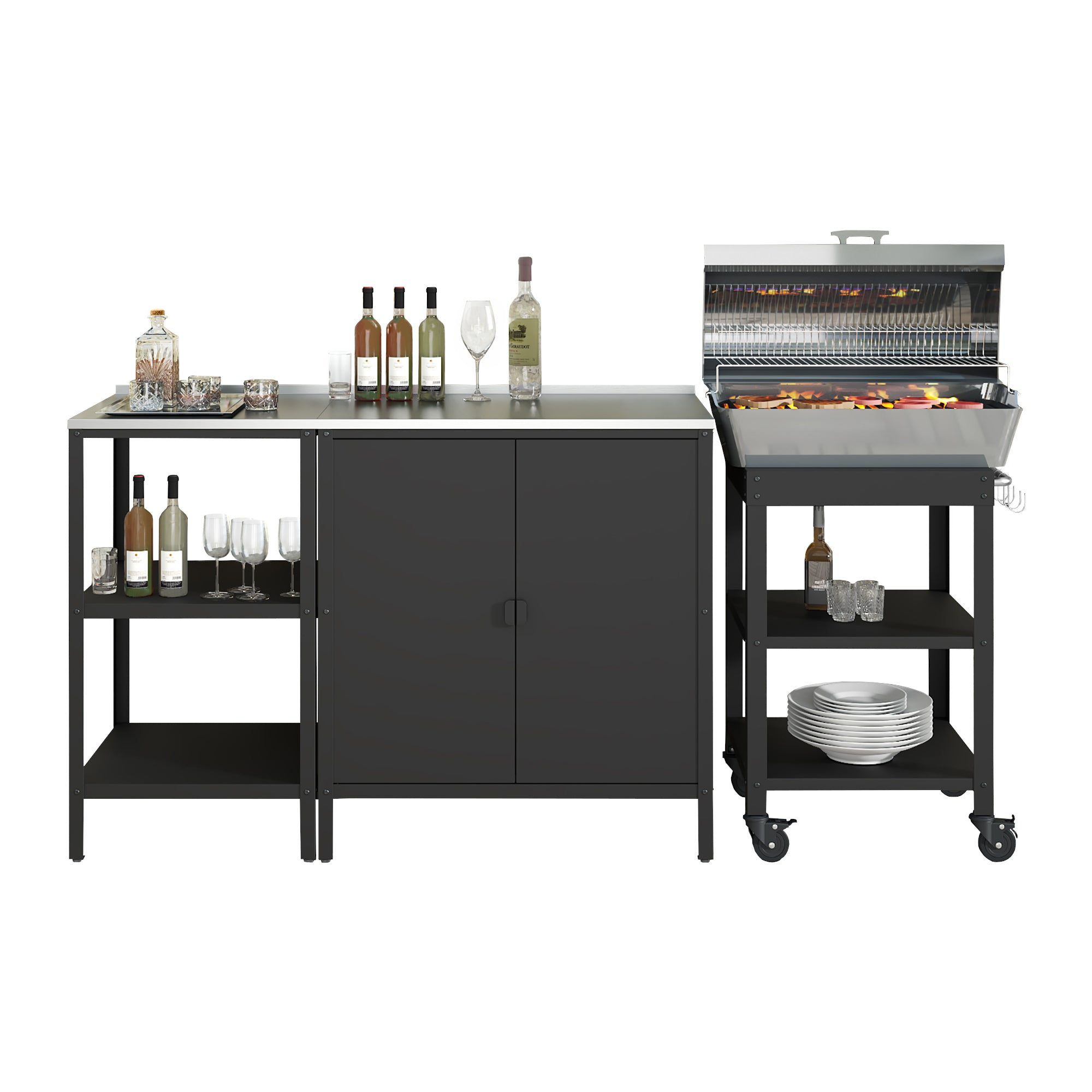 Set Bolognano Mobili da Esterno in Acciaio - Bancone Armadietto e Carrello Portavivande - Nero opaco casa.pro