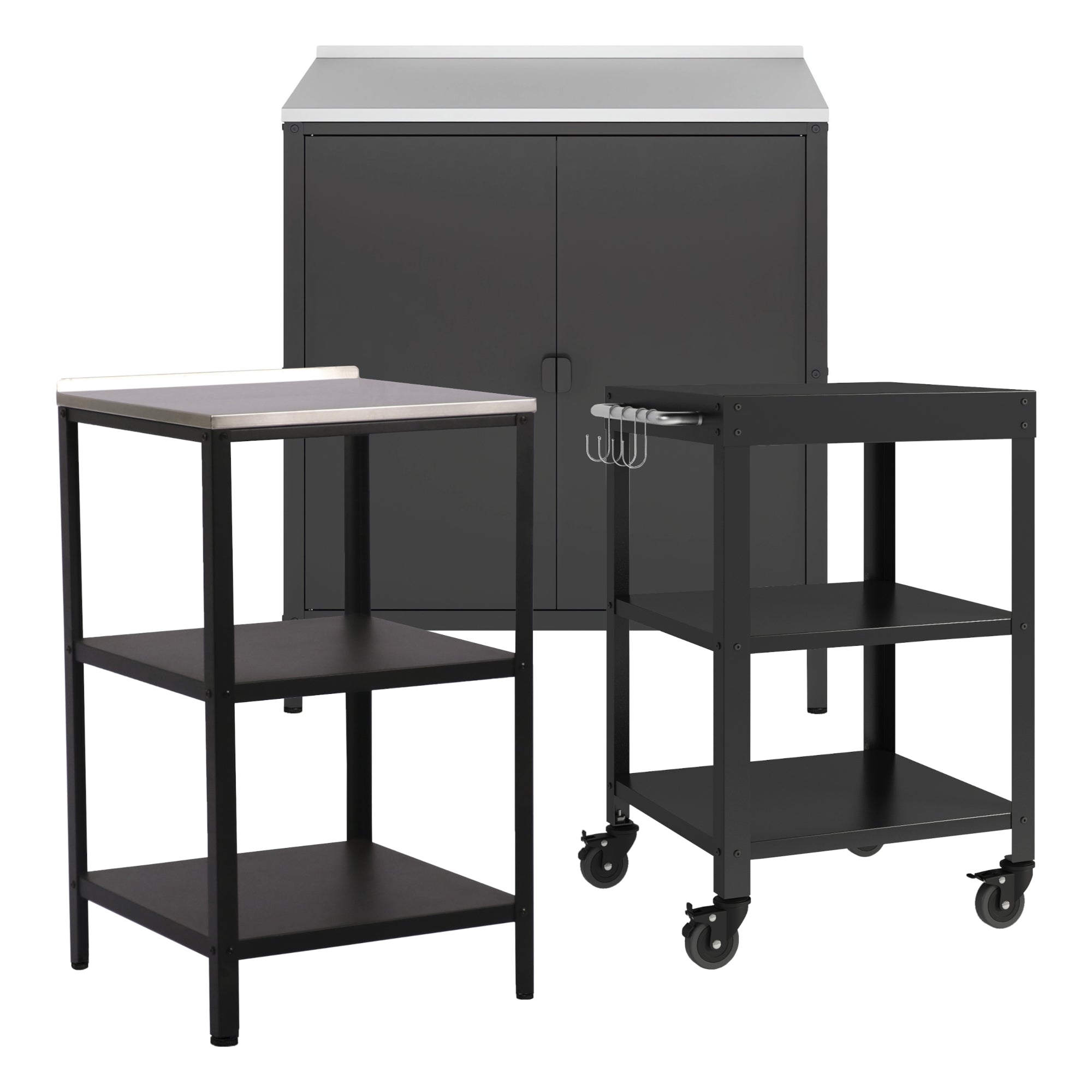 Set Bolognano Mobili da Esterno in Acciaio - Bancone Armadietto e Carrello Portavivande - Nero opaco casa.pro