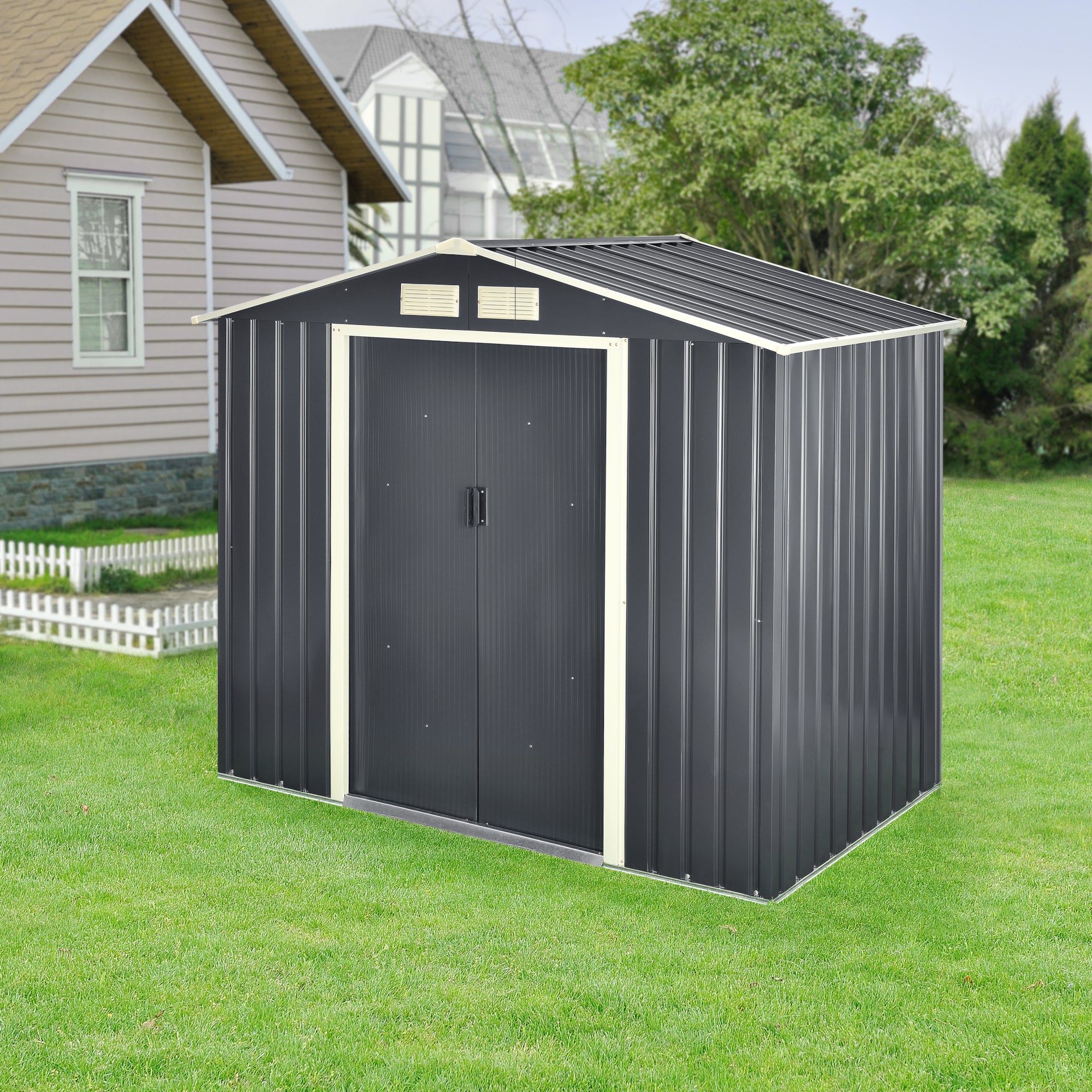 Casetta da Giardino 213x127x185 cm Box Organizzatore Deposito Stoccaggio in Lamiera Zincata con Cornice di Base in