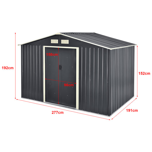 Casetta da Giardino 277x191x192 cm Box Organizzatore Deposito Stoccaggio in Lamiera Zincata con Cornice di Base in