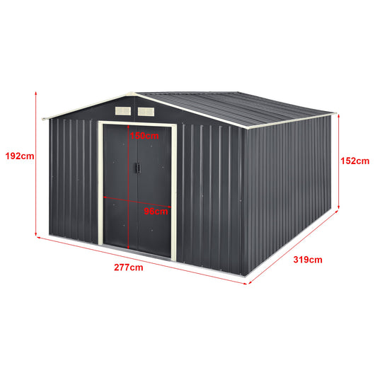 Casetta da giardino 277 x 319 x 192 cm tetto a due falde in lamiera di acciaio zincato grigio scuro 03_0007174