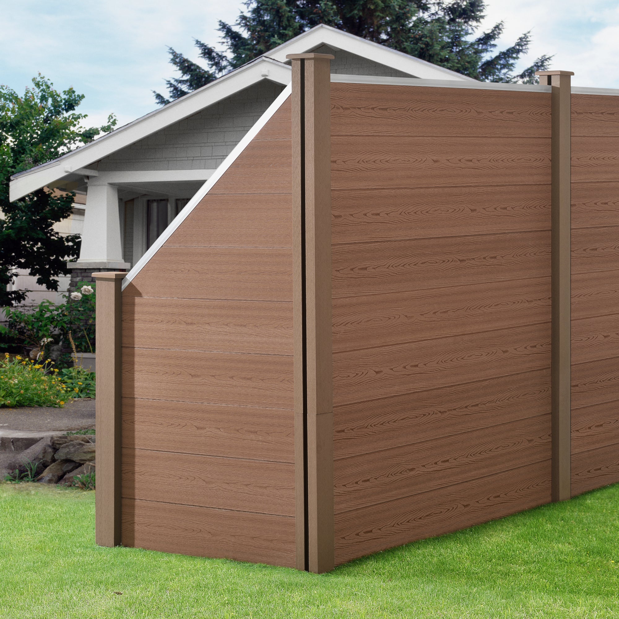 Recinzione in WPC per Giardino Staccionata da Elementi Inclinato e Rettangolari 183x973 cm Marrone NEU.HOLZ