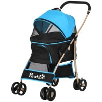 Passeggino per Cani Convertibile con 2 Guinzagli e Cuscino, in Acciaio e Poliestere, 82x49.5x98 cm, Azzurro e Nero