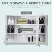 kleankin Armadietto Specchiera da Bagno con 3 Armadietti, 3 Ripiani e Luce LED, 90x15x65 cm, Bianco