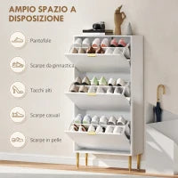 Scarpiera Slim per 18 Paia di Scarpe con 3 Cassetti a Ribalta e Ripiani Regolabili, 60x24x128 cm, Bianco