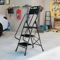 Scala Pieghevole a 3 Gradini con Borsa Porta Attrezzi, Gradini Larghi Antiscivolo, Nero