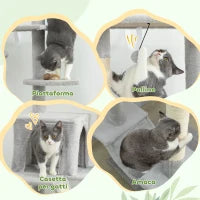 Albero Tiragraffi a Soffitto con Altezza Regolabile 225-255 cm con Casetta e Amaca, Grigio Chiaro