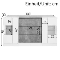Credenza con illuminazione LED, cassetti, frontali lucidi ed effetto marmo, 140x35x75 cm, Bianco e Grigio
