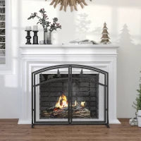 Parascintille per Camino in Metallo con 2 Porte e Decorazioni Natalizie, 99x35x80 cm, Nero