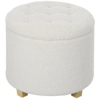 Pouf contenitore, sgabello rotondo, pouf poggiapiedi in tessuto bouclette, capacità 120 Kg, Ø 45 x 41 cm, bianco