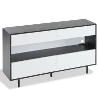 Credenza moderna effetto marmo nero con ripiani aperti, 4 cassetti e illuminazione LED, 150x35x89,5 cm, Bianco e Nero