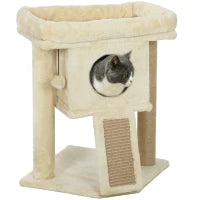 Albero per Gatti con Base per Graffi in Iuta, Piattaforma, Pallina, Casa per Gatti, Beige, 40 x 40 x 57 cm