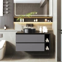 Mobile sospeso per lavabo 80 cm di larghezza, con lavabo in ceramica e cassetti, design moderno, MDF, 80×44×60,5 cm, Nero + Grigio