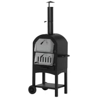 Forno per Pizza e Barbecue a Carbone Portatile in Acciaio con Camino e Ruote, 63x54x161 cm, Nero