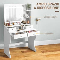 Toeletta Trucco con Luci LED 3 Tonalità e Specchio, Prese USB, 4 Cassetti e Mensole, 90x45x160cm, Bianco