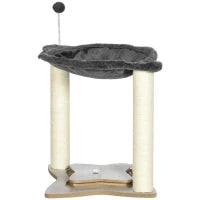 Tiragraffi per Gatti con Amaca in Peluche, Base in Legno con Gioco e Pali in Sisal, 53.55x53.5x66cm, Grigio