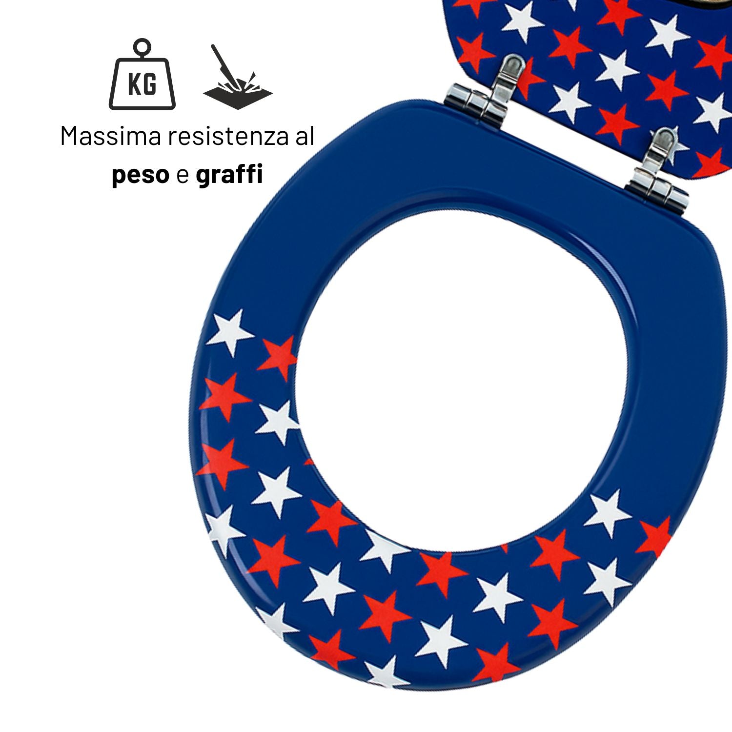 Sedile wc copri vater universale frizionato fantasia in mdf con chiusura rallentata *** fantasia route 66, confezione 1