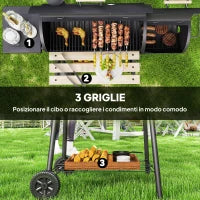 Barbecue a Carbone con Coperchio e Affumicatore, BBQ da Giardino con Ripiani e Ruote 124x53x104 cm, Nero