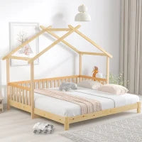 Letto a Casetta Espandibile con Ringhiera su Tre Lati, Letto per Cameretta, Letto Montessori, Senza Materasso, in Legno, 200x90 cm, Naturale