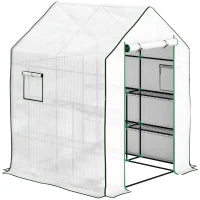 Serra da Esterno con 6 Ripiani Porta Avvolgibile Copertura in PE e Telaio in Acciaio 140x143x190 cm Bianco