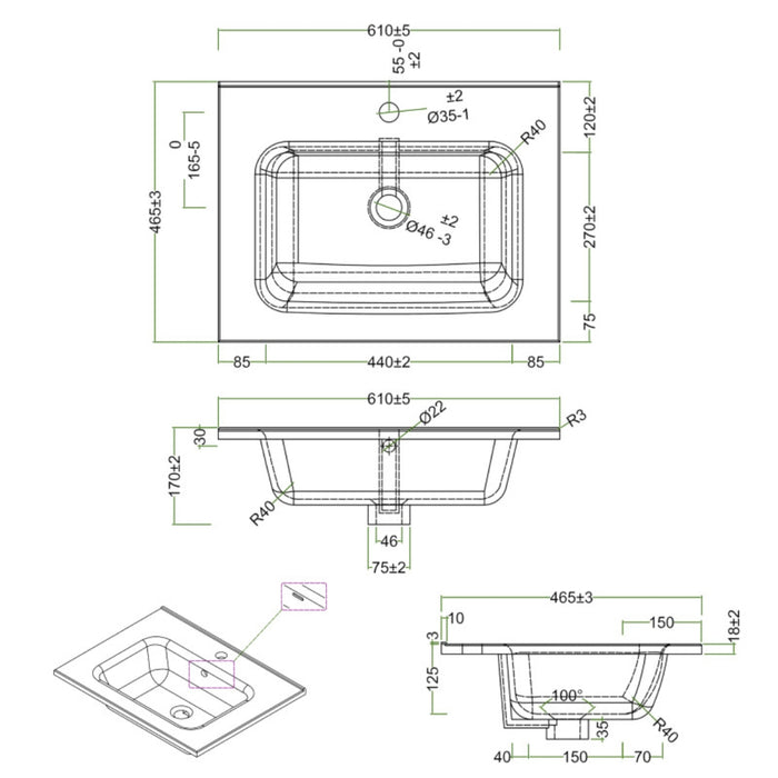 Lavabo ad incasso in ceramica bianco lucido per mobili bagno *** misure 61x46 cm, confezione 1