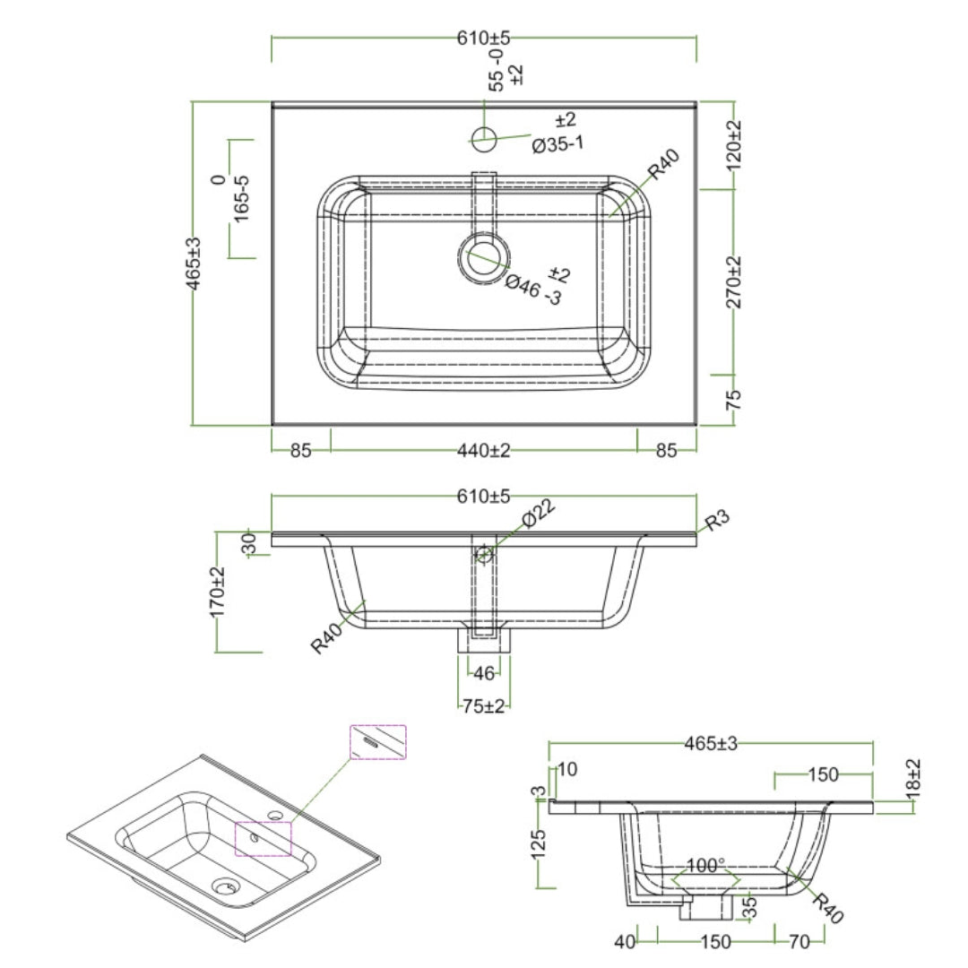 Lavabo ad incasso in ceramica bianco lucido per mobili bagno *** misure 61x46 cm, confezione 1