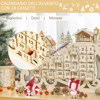 Calendario dell'Avvento in Legno a Forma di Slitta con 24 Cassetti da Riempire, Decorazioni e Luci a LED, 45x10x31cm