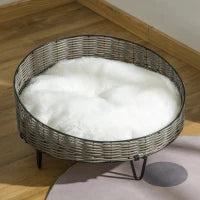 Cuccia per Cani e Gatti in Rattan PE con Cuscino in Peluche Lavabile, Φ60x32cm Grigio Scuro