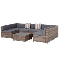 Salotto da Giardino in Rattan da 7 Pezzi con Tavolino e Divano Modulabile con Cuscini, Grigio