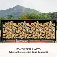 Portalegna da Interno ed Esterno in Metallo con Telo Porta Legna e Copertura, 240x36x99cm, Nero