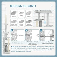 Albero Tiragraffi per Gatti a Soffitto con Piattaforme e Casetta, 60x40x225-255cm, Grigio