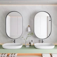 Armadio a specchio ovale da parete, armadietto con specchio e spazio interno per bagno, soggiorno e camera da letto, 85x51,5x12 cm, Nero