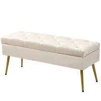 Panchina con Contenitore in Velluto, Pouf Imbottito con Design Trapuntato, Struttura in Metallo, 102 x 35 x 43 cm, Beige