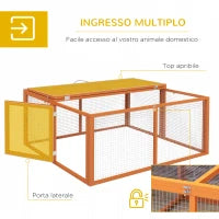 Conigliera da Esterno Pieghevole per 2-3 Roditori con Ingressi Multipli, in Legno e Acciaio, 110x105x50 cm, Arancione