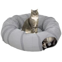 Tunnel per gatti con letto e cuscino, pieghevole, con fori per palline e porticina, Ø 90 x 27 cm grigio