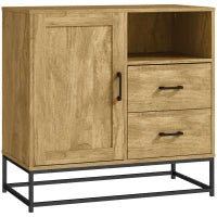 Credenza Moderna con 2 Cassetti, Armadietto Regolabile e Ripiano Aperto, in Legno e Acciaio, 80x40x78 cm, Marrone