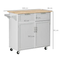 Carrello da Cucina Multiuso in Legno con 2 Cassetti, Armadietto e 4 Ruote, 104x46x91cm, Grigio