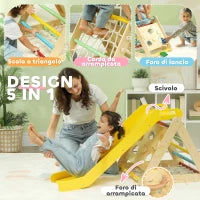 Gioco Arrampicata Bambini con Triangolo Montessori 5 in 1 con Corda, Scivolo e Sacchi, in Legno, 119x63x61 cm